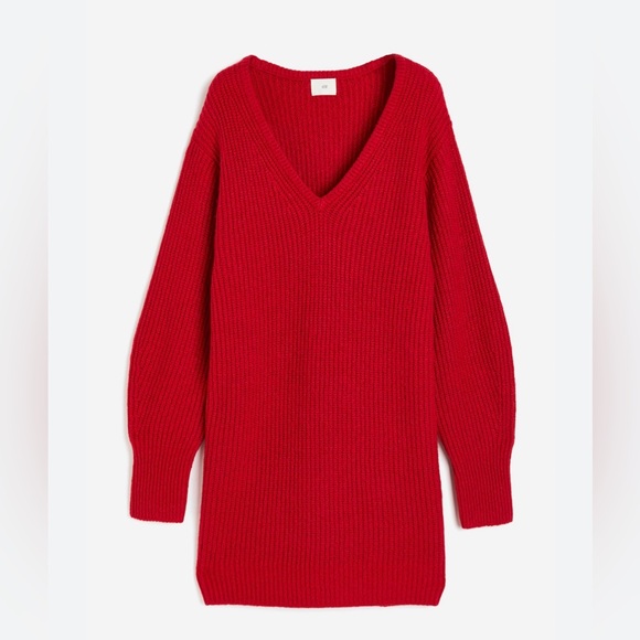 H&M Sweaters - H&M Red V-Neck Sweater Dress Long Sleeve Knit Mini NWT Size S